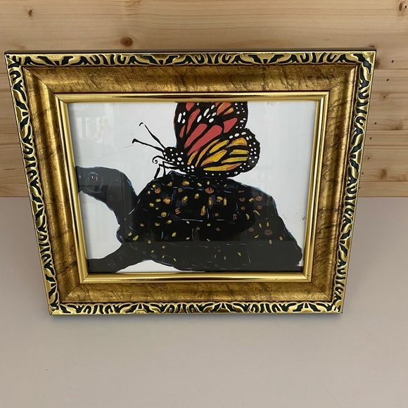 Gold Framed Plastic Wall Art Picture Turtle & Butterfly Nature Design Home Decor - Picture 2 of 9